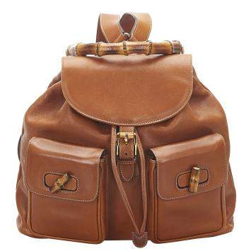 Pre Owned Gucci Brown Calf Leather Bamboo Drawstring Backpack