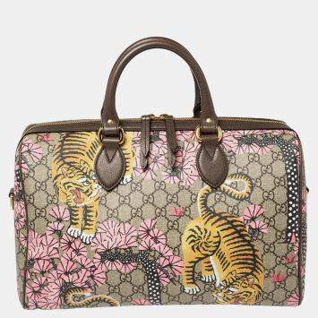 Pre Owned Gucci Multicolor Bengal Tiger GG Supreme Canvas and Leather Medium Boston Bag