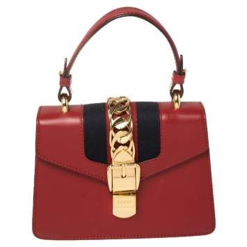 مملوكة مسبقًا Gucci Red Leather Mini Web Chain Sylvie Top Handle Bag