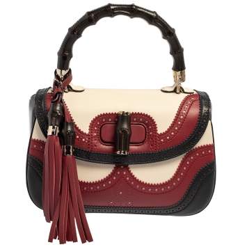 Pre Owned Gucci Tri Color Leather Medium Limited Edition Tassel New Bamboo Top Handle Bag
