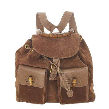 Pre Owned Gucci Brown Suede Bamboo Drawstring Backpack