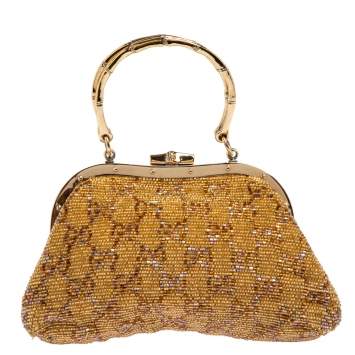 Pre Owned Gucci Metallic Gold GG Beads Small Frame Bag