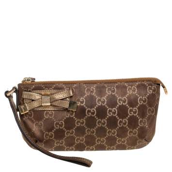 Pre Owned Gucci Brown GG Nylon and Leather Princy Wristlet Clutch