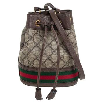 Pre Owned Gucci Beige/Ebony GG Supreme Canvas and Leather Mini Ophidia Bucket Bag 