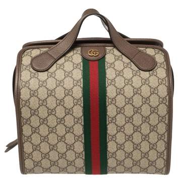Pre Owned Gucci Beige/Ebony GG Supreme Canvas and Leather Ophidia Boston Bag