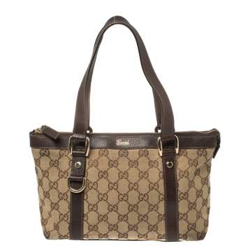 Pre Owned Gucci Beige/Brown GG Canvas and Leather Abbey Tote