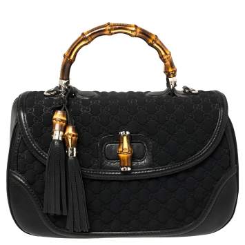 Pre Owned Gucci Black GG Neoprene and Leather Large New Bamboo Tassel Top Handle Bag
