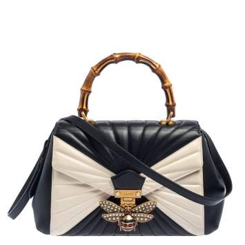 Pre Owned Gucci Black/White Quilted Leather Medium Queen Margaret Bamboo Top Handle Bag