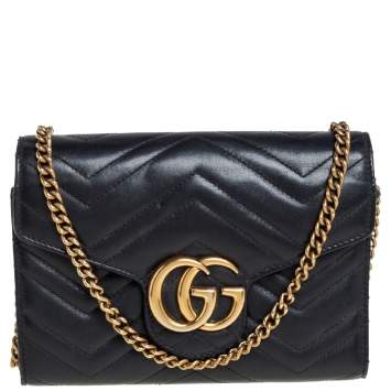 Pre Owned Gucci Black Matelassé Leather GG Marmont Wallet On Chain