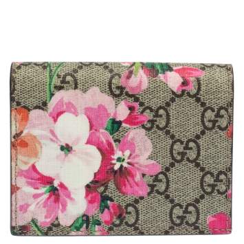 Pre Owned Gucci Beige/Pink GG Supreme Canvas Blooms Card Case