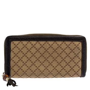 Pre Owned Gucci Beige/Brown Diamante Canvas and Leather Bamboo Tassel Zip Around Wallet
