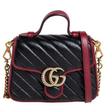 Pre Owned Gucci Black Diagonal Quilt Leather Mini GG Marmont Top Handle Bag