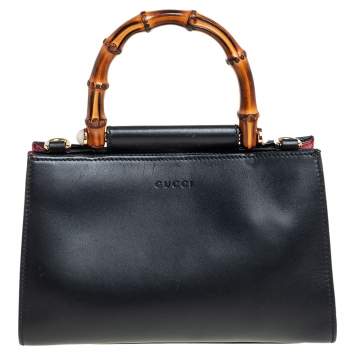 Pre Owned Gucci Black Smooth Leather Mini Nymphaea Bamboo Top Handle Bag