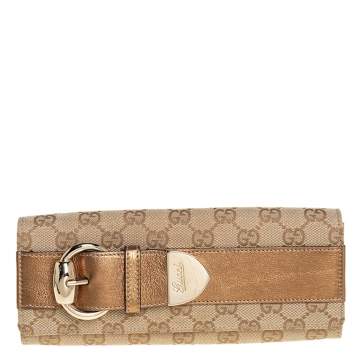 Pre Owned Gucci Beige/Gold GG Canvas and Leather Continental Wallet