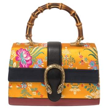 Pre Owned Gucci Multicolor Tokyo Embroidered Satin and Leather Medium Dionysus Bamboo Top Handle Bag