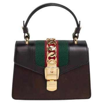 Pre Owned Gucci Black Leather Mini Web Sylvie Top Handle Bag
