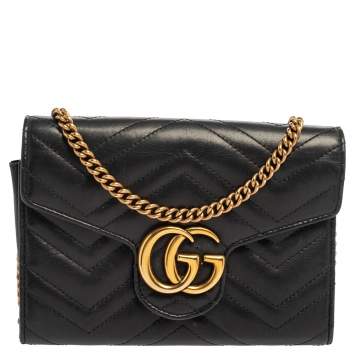 Pre Owned Gucci Black Matelassé Leather GG Marmont Wallet On Chain