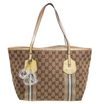 Pre Owned Gucci Beige/Yellow GG Canvas And Patent Leather Tote 
