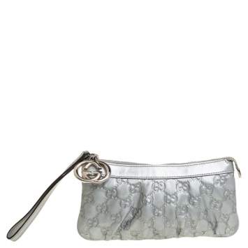 Pre Owned Gucci Grey Guccissima Leather Wristlet Pochette