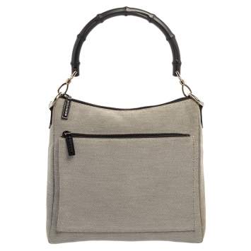 Pre Owned Gucci Grey/Black Canvas Bamboo Top Handle Bag