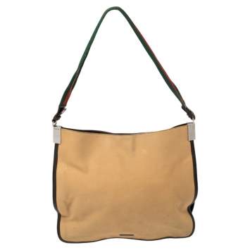 Pre Owned Gucci Khaki Brown Canvas and Leather Trim Web Detail Hobo