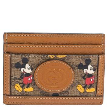Pre Owned Gucci x Disney Beige/Tan GG Supreme Canvas and Leather Mickey Card Holder
