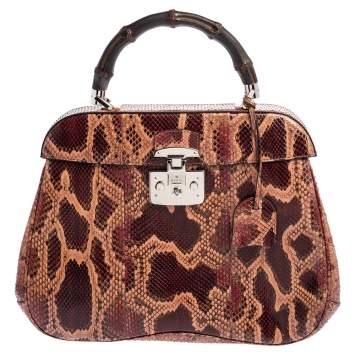 مملوكة مسبقًا Gucci Burgundy/Pink Python Lady Lock Bamboo Large Top Handle Bag