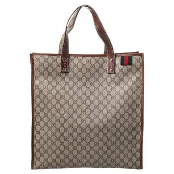 Pre Owned Gucci Beige/Brown GG Supreme Canvas Vertical Web Loop Shopper Tote