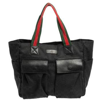Pre Owned Gucci Black GG Canvas Double Pocket Web Handle Tote
