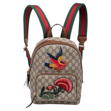 Pre Owned Gucci Beige GG Embroidery Canvas And Leather Web Backpack