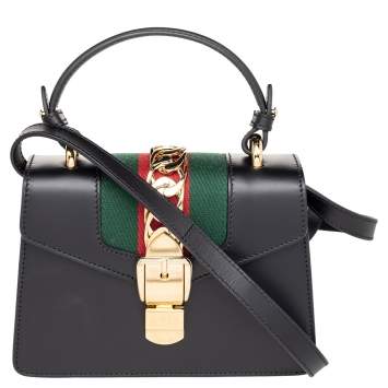 Pre Owned Gucci Black Leather Mini Sylvie Top Handle Bag