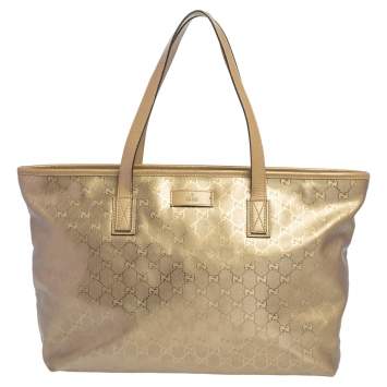 Pre Owned Gucci Gold GG Imprime Canvas and Leather Shopper Tote