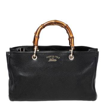 Pre Owned Gucci Black Leather Medium Bamboo Shopper Tote