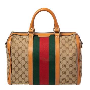 Pre Owned Gucci Brown/Beige GG Canvas Medium Vintage Web Boston Bag