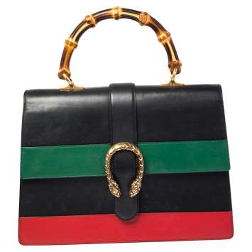 Pre Owned Gucci Tri Color Leather Large Dionysus Bamboo Top Handle Bag
