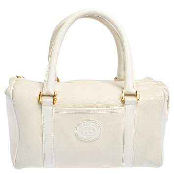 Pre Owned Gucci Off White Leather GG Embossed Boston Bag