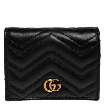 Pre Owned Gucci Black Matelassé Leather GG Marmont Card Case