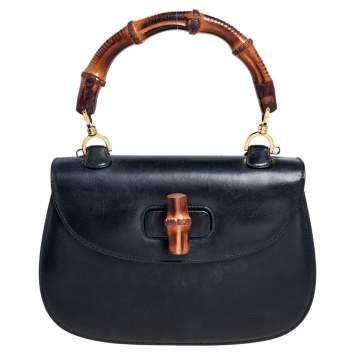 مملوكة مسبقًا Gucci Black Leather Bamboo Top Handle Bag
