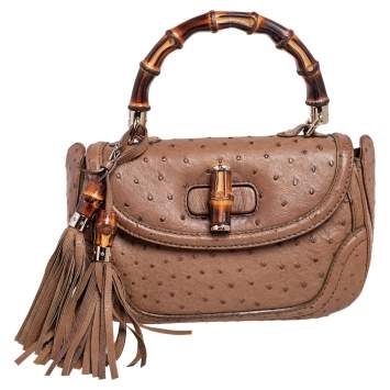 Pre Owned Gucci Brown Ostrich Medium New Bamboo Tassel Top Handle Bag