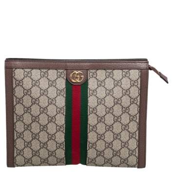 Pre Owned Gucci Beige/Brown GG Supreme Canvas and Leather Ophidia Pouch