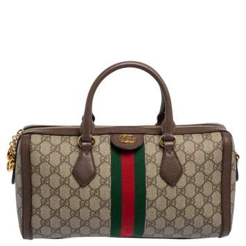 Pre Owned Gucci Beige/Brown GG Supreme Canvas and Leather Medium Ophidia Boston Bag  