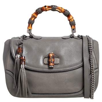 Pre Owned Gucci Grey Leather Large New Bamboo Tassel Top Handle Bag