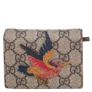 Pre Owned Gucci Beige GG Supreme Canvas Limited Edition Bird Embroidered Bifold Card Holder
