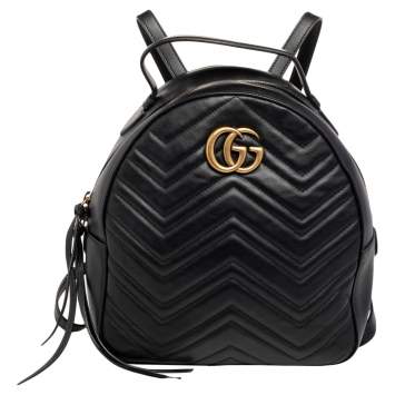 Pre Owned Gucci Black Matelassé Leather GG Marmont Backpack