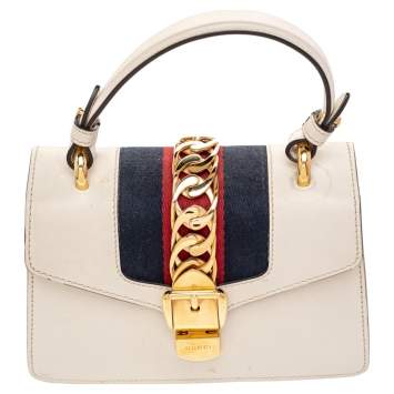 Pre Owned Gucci Cream Leather/ Canvas Sylvie Top Handle Bag