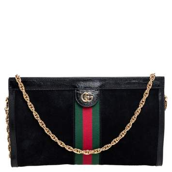 Pre Owned Gucci Black Suede and Patent Leather Medium Ophidia Chain Shoulder Bag