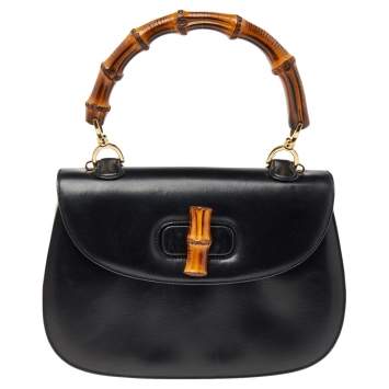 Pre Owned Gucci Black Leather Bamboo Top Handle Bag