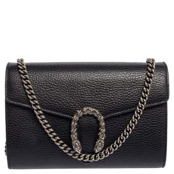 Pre Owned Gucci Black Leather Mini Dionysus Wallet On Chain