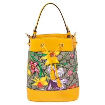 Pre Owned Gucci Yellow Flora GG Supreme and Leather Small Ophidia Bucket Bag