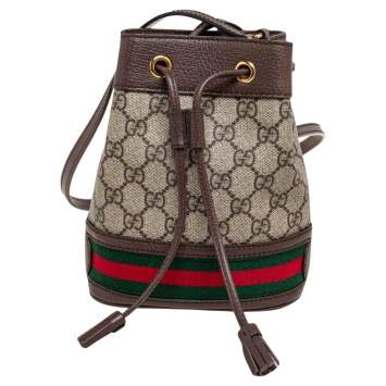 Pre Owned Gucci Beige/Ebony GG Supreme Coated Canvas and Leather Mini Ophidia Bucket Bag 